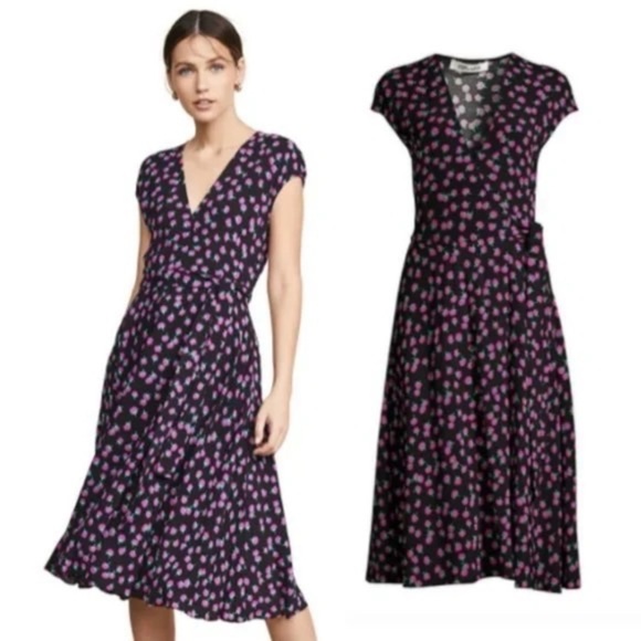 Diane von Furstenberg Goldie Dandelion Swirling Berry Black 2 Midi Dress - Picture 1 of 10